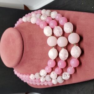 3 string pink vintage beaded necklace 18 inch long. Multi shades of pink. (SKU 1